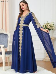 Ethnic Clothing Abaya Dubai Muslim Dress Luxury High Class Floral Embroidery Guipure Lace Panel Belted Chiffon Long Sleeve Turkey Robe 230426