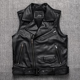 Men's Vests Men Motorcycle Biker Leather Vest Belted Punk Genuine Sleeveless Jacket Real Cowhide Waistcoat