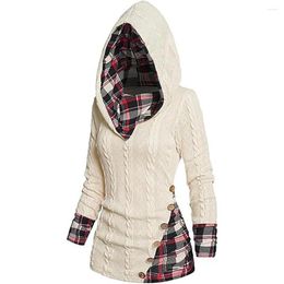 Women's Sweaters Winter Autumn Fashion Twisted Cable Knit Plaid Print Patchwork Hooded Sweater Button Ruched Shawl Neck Pullover