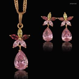 Necklace Earrings Set MxGxFam 18 Yellow Gold Colour Women Pink Stone Flower With Environmental Copper