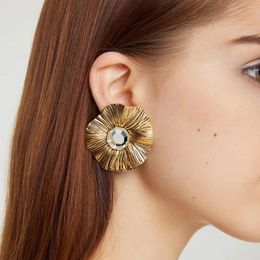 Stud Earrings Vintage Gold Plated Zircon Large Flower Ear Clips For Women Girls Trendy Exaggerated Party Jewelry Accessories
