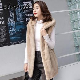 Leather Camel Black Warm Long Imitation Fur Women Vest Winter Hooded Solid Sleeveless Jackets Coat High Quality Gilet Femme