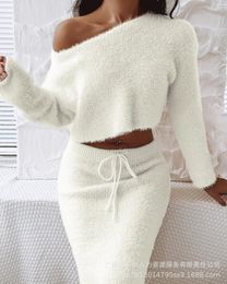 Women's Two Piece Pants Round Neck Short Tops Sets Women Full Sleeve Elastic Waist Casual Knitted Regular Straight Mid Length Skirt Set