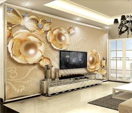Custom wallpaper luxury 3D solid mural gold pearl flower Jewellery TV background wall 3d mural wallpaper3613354