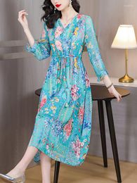 Casual Dresses Floral Midi 2023 Summer Women Party Boho Dress V-Neck Satin Silk Elegant Tunics Beach Festa Luxo Ruffles Evening