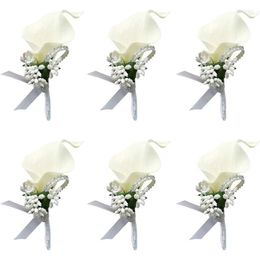 Decorative Flowers Calla Lily White Boutonniere Handmade Picasso Silk Flower With Ribbon Corsage For Bride Groom Wedding Party Ceremony