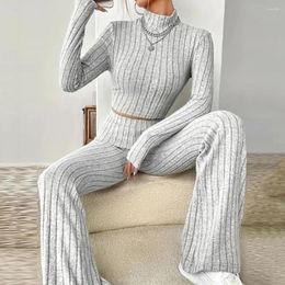 Women's Two Piece Pants Women Workwear Set Elegant Knitted Winter Outfit Turtleneck Cropped Top High Waist Flared Slim Fit Ribbed Sweater