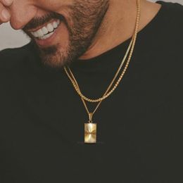 Pendant Necklaces Men Necklace Gold Plated Embossing Radiation Rectangle Pendant Stainless Steel Sunburst Charm Necklaces Jewelry 230426