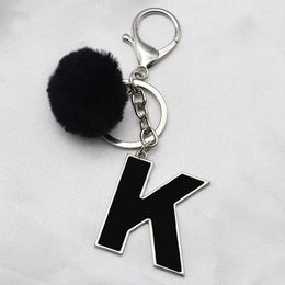 Keychains DIY A-Z Initial Letters Key Chain Rings Black Pompom Pendent Metal Women Car Keyring Holder Charm Bag Gift