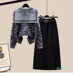 fashion knit two pieces deisnged zebra print tops pullover+ knee dress casual wear versatile