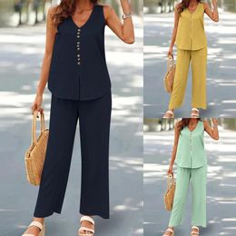 Women's Two Piece Pants Womens Casual Loose V Neck Solid Color Button Sleeveless Vest Top Long Set Interview Outfits For Women