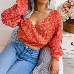 Women's Sweaters Short Pullover Long Sleeve 2023 Autumn/Winter Colorful Cross V-Neck Lantern Open Umbilical Waist Sweater