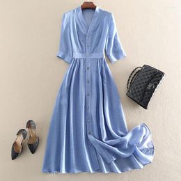 Party Dresses Cotton And Linen Dress 2023 Summer Women V Neck Short Sleeve Single Breasted Ruched Button Up One Piece Bohemian Style