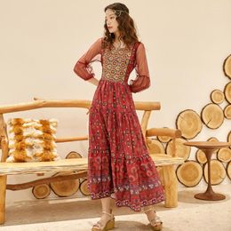 Casual Dresses Fashionable /4 Sleeve Mesh Printed Long Dress With Embroidered Bohemian Ethnic Style Large Swing For Women