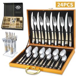 Dinnerware Sets 24Pcs/Set Stainless Steel Cutlery Set Steak Knife Fork Spoon Hanger Gift Box Western Kitchen Tableware High-end