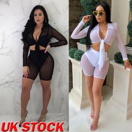 Women's Swimwear Women Long Sleeve See-Through Mesh Fishnet Crop Top T-Shirt And Shorts Set Beachwear Cover Up