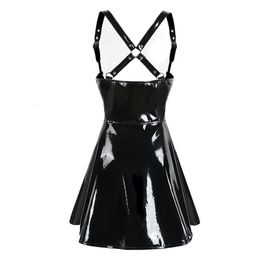 Casual Dresses Black Sexy Halter Wetlook PVC Clubwear Women Bodycon Suspender Mini Dress Steampunk Zipper Shiny Leather Costumes 230426