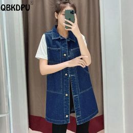 Vests Plus Size 6XL MidLength Denim Vest Blue Chaleco Mujer 2022 New Sleeveless Jean Jacket Women Korean Fashion Lapel Long Waistcoat