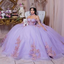 Vestido Anos Elegant XV 2024 Floral Apphique Quinceaneraは肩から離れた後ろの甘い16プロムページェントパーティーガウン