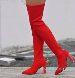 New Pointed Toe Thick Heel Over knee Boots Womens Large Elastic Knitted Socks Boots Sexy Long