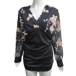 Women's Blouses See-through Sleeve Women Top Office Lady Embroidery Floral Blouse Elegant Lace Patchwork Slim Fit Deep V Neck