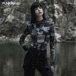 T-Shirt PUNK RAVE Women's Punk Daily Fit Split Small Stand Collar Digital Printing Long Sleeve Tshirt Tight Tops Spring/Autumn