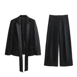 Women's Two Piece Pants Zach Ailsa 2023 Winter Casual Loose Texture Tie Suit Coat High Waist Straight Fashion Set 231127