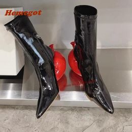 Boots Balloon Heel Patent Leather Glossy Strange Style Pointy Toe Side Zipper est Solid Women s Plus Size Winter Luxury 231127