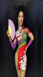 Stage Wear Fashion Floral Printing Women Cheongsam Sexy Nude Bodycon Dress Club High Slit Performance Costumes Chinese Style9527804