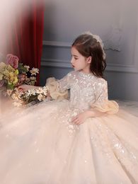 Champagne Flower Girls Dresses shiny lace Elegant Lace embroidery Beads First holy Communion Dress Princess half sleeve luxury birthday party Kids Pageant Dress