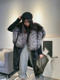 Women s Fur Faux Winter Luxury Genuine Leather Jacket Women Rex Rabbit Sweater Natural Silver Collar Thickened Warm Fashion Trend 231127