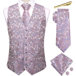 Men's Vests Hi-Tie Paisley Silk Mens Coral Pink Blue Black Green Purple Red Waistcoat Clips Necktie Hanky Cufflinks Wedding Business