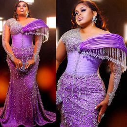 Luxurious Purple Plus Size Aso Ebi Prom Gowns Beaded Formal Party Evening Dress Second Reception Birthday Dresses African Arabic Engagement Beaded Gowns AM059