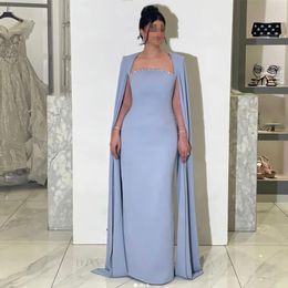 Blue Sheath Evening Dresses with Cape Beading Strapless Formal Gown Arabic Dubai With Wrap Special Occasion Dress