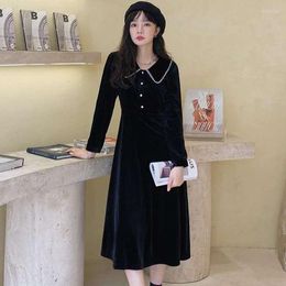 Casual Dresses Velvet Dress Women 2023 Winter Young School Style Turn Down Collar Long Sleeve Lace Hem Slim Waist Temperament Black