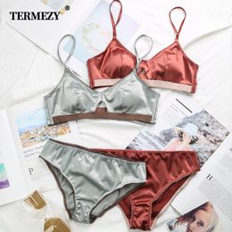 Bras Sets TERMEZY Women Underwear Wire Free satin bra thin 3/4 cups Bra and Panty Set Hollow Lingerie Women Brassiere Bralette 230427