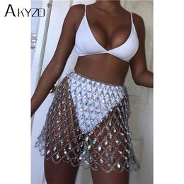 Skirts AKYZO Sexy Bling Metal Body Chain Gem Sequins Skirt Women Crazy Summer Beach Hollow Out Crystal Nightclub Party Mini Skirts