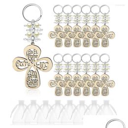 Pendants Keychains 20Pcs Baptism Favour Keychain Cross Wooden Key Ring Christening Wood Design With Bag For First Communion Enek22 Dr Dhk6A