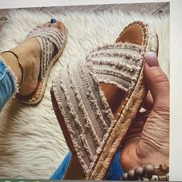 Slippers Summer Women Cross Band Slide Beach Rope Espadrille Straw Straps Flip Flop Sandals Ladies Slides