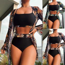 Women's Swimwear Hot Selling Women Bikini 3 Pieces Suit Black/Green/Red Bikini Sets With Long Sleeved Cover Ups High Quality Size Small-XLarge P230426