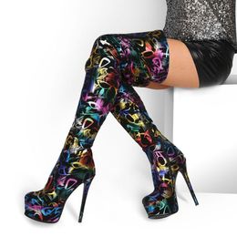 Olomm New Arrival Handmade Women Thigh High Boots Stiletto Heels Round Toe Gorgeous Graffiti Party Club Shoes Women US Size 5-13