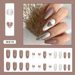 False Nails 24pcs Manicure Press On Full Cover Light Coffee Fake Long French Oval Love Heart