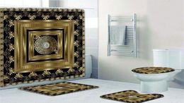 Luxo ouro 3d geométrico grego chave padrão cortina de chuveiro conjunto floral meandro ornamento mandala tapetes do banheiro decoração para casa 180x200 2203180794