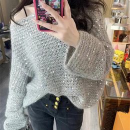 Women's Sweaters Sequins Knitted Pullover Oversized Sweater Women Spring Autumn O Neck Long Sleeve Casual Loose Soft Knitwear Tops Female