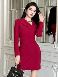 Casual Dresses Women's Professional Chic Notched Collar Single Breasted Folds Mini Gown Femme Business Work Style Vestidos Office Lady