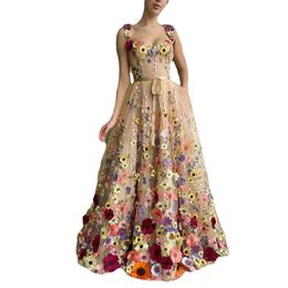 JEHETH Luxury 3D Flowers Straps Tulle Pastoral Prom Dress Sweetheart Backless Formal Evening Gown Floor Length Vestidos De Gala