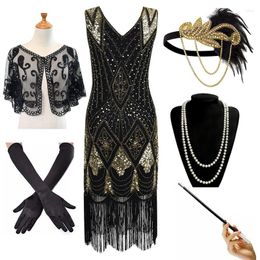 Casual Dresses Women 1920s Vintage Flapper Long Fringe Beaded Gatsby Party Dress With 20s Accessories Set(6PC)