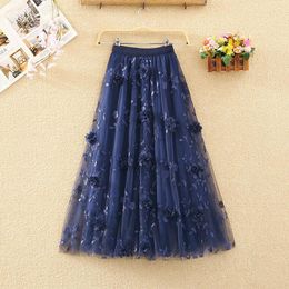 skirt Elegant Fashion Appliques Embroidery Mesh Pleated Skirt Office Lady Commute Allmatch Elastic High Waist Aesthetic Ankle Skirts
