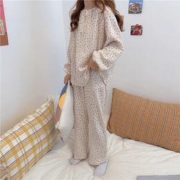 Women's Sleepwear Vintage Cherry Print Cotton Pajamas Set Women O-Neck Long Sleeve Single Breasted Shirts Pants Home Suit Japanese Soft