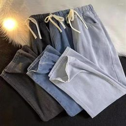 Men's Jeans Wide Leg Denim Pants For Men Elastic Waist Drawstring Trousers With Pockets Loose Fit Straight A
